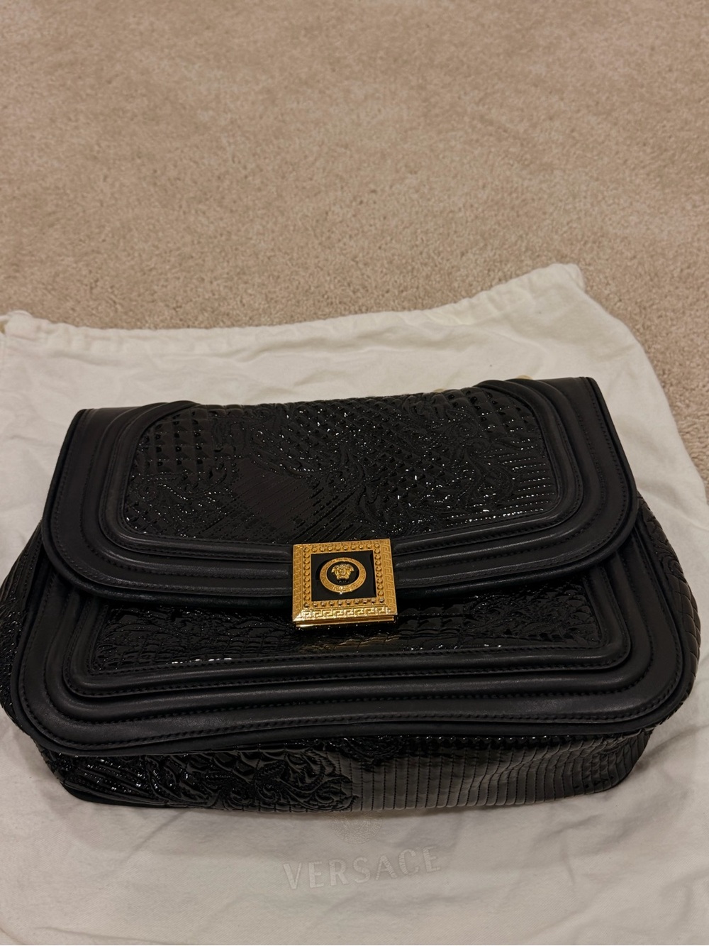 Versace Black Quilted Leather Shoulder Bag with Gold Medallion Lock